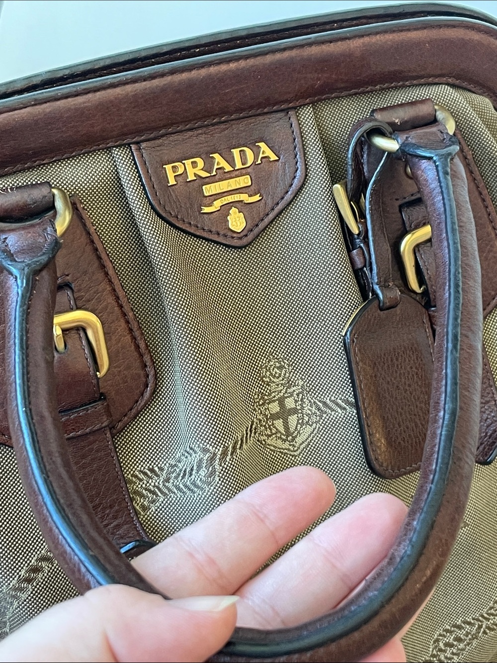 Prada Large Canapa Canvas Tote Brown Vitello Leather Trim Gold Hardware Italy - Picture 4 of 16